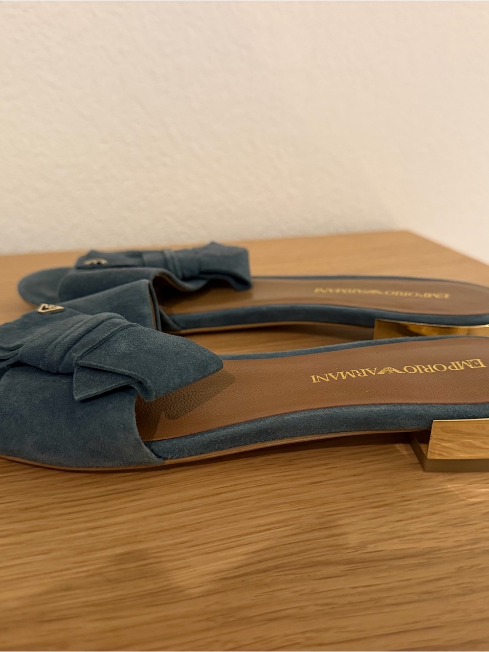 Emporio Armani Teal Suede Bow Slide Mules with Gold Heel Accent